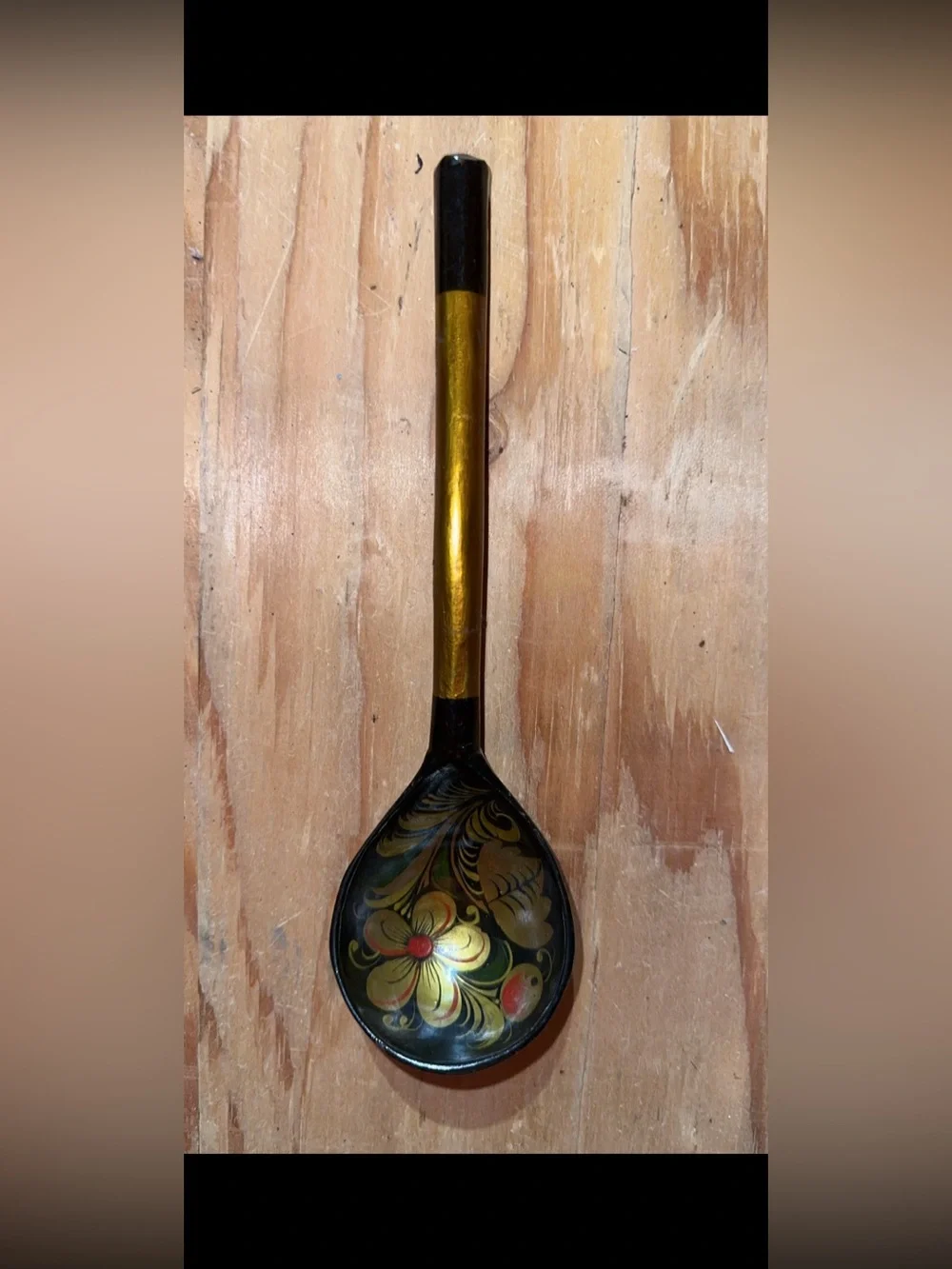 Hand-Painted Decorative Wooden Spoon – Gold and Black